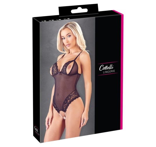 Cottelli LINGERIE - Seksowne Siateczkowe Body Z Delikatną Koronką Bez Krocza L